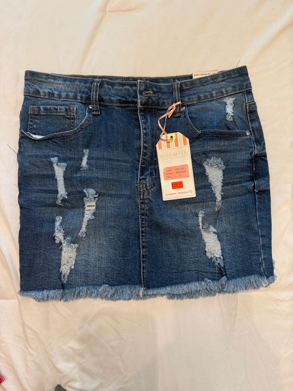 Wax Jean Distressed Blue Denim Mini Skirt